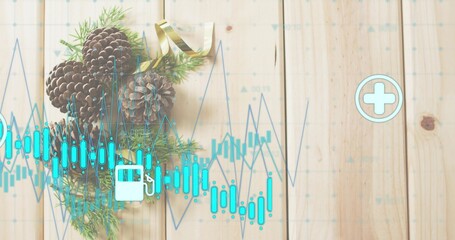 Showing 3 pinecones on wood plank with sprigs, gold ribbon, cyan overlays, fuel-pump, medical-cross