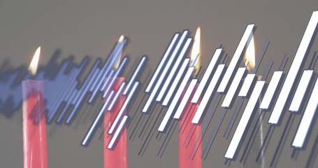 Burning three red taper candles dripping wax on neutral gray backdrop, overlaying waveform graphic