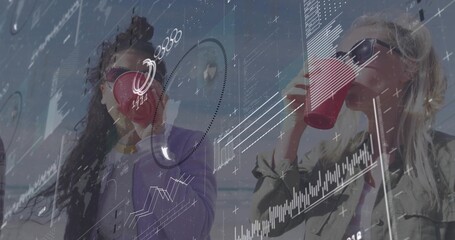 Drinking two adult women wearing shades and jackets on rooftop, holding red cups with data overlays