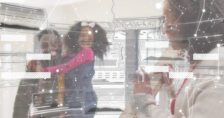 Holding smartphones, family posing for selfie at home in denim overalls, light sweater, HUD overlay
