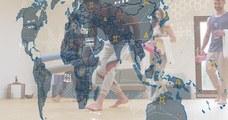 Walking four adults in activewear carrying yoga mats barefoot across home studio with map overlay