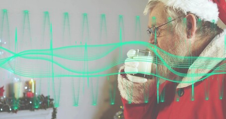 Naklejka premium Raising glass mug, senior Santa red coat sipping milk at mantel with teal waveform, copy space