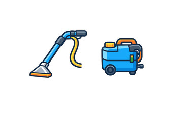 Fototapeta premium Cleaning tools are shown, including a vacuum cleaner hose and a machine used for deep cleaning carpets and upholstery