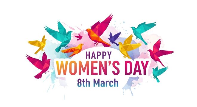 Vibrant geometric birds in colorful polygonal style flying around 'Happy Women's Day 8th March' text.