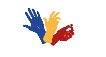 Obraz premium Three hands reaching out in different colors.