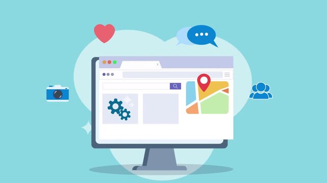 Computer screen displaying social media interface with map and icons.
