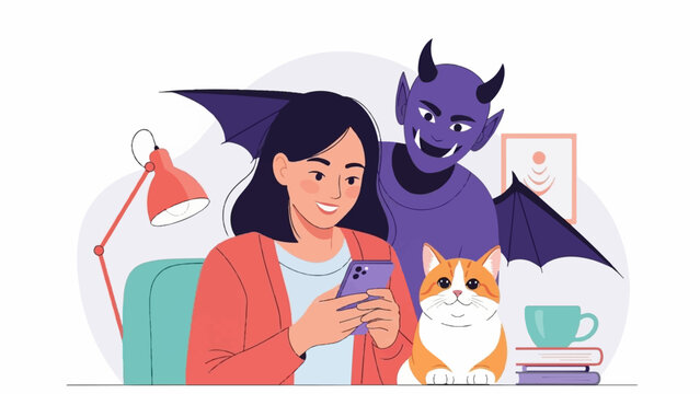 Young woman with phone, devil lurks, cat watches, book and lamp