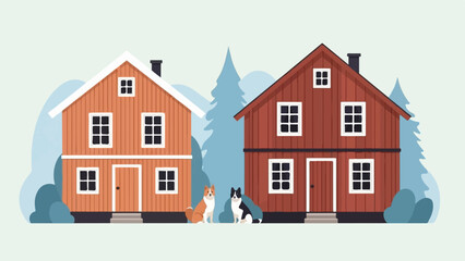 Obraz na płótnie Canvas Two wooden houses with dogs and trees in a simple, flat illustration style