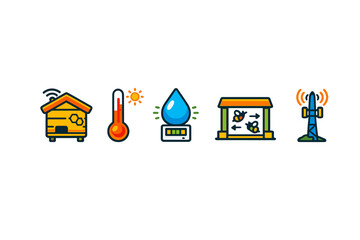 Naklejka premium Icons show different environmental factors such as temperature, water, and location for managing beehives in farming and agriculture settings during the day