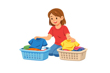 Woman sorts clean clothes in baskets while sitting on the floor in a bright space during the day