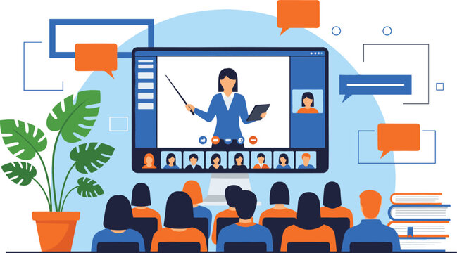 Online education webinar with teacher presenting on screen to students during virtual classroom distance learning flat vector illustration