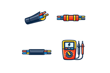 Wires and electrical tools arranged on a plain background for display, showing various types of cables and a multimeter for measuring electrical properties