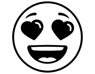 Fototapeta premium Heart Eyes Emoji Sticker Illustration, Cute Smiling Face with Heart-Shaped Eyes, Romantic Expression Cartoon Character, Black and White Line Art Vector Isolated on White.