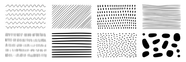 Collection of eight hand-drawn abstract black ink patterns and textures on white background: wavy lines, diagonal stripes, dots, vertical strokes, horizontal lines