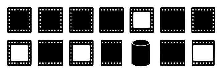 Obraz premium Illustrated graphic of several horizontal film strips with sprocket holes in black outlines on a white background, arranged in a neat stack.