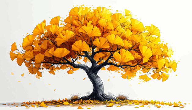 A vibrant Ginkgo Biloba tree displaying its brilliant golden autumn foliage, with fallen leaves scattered around its base on a white background