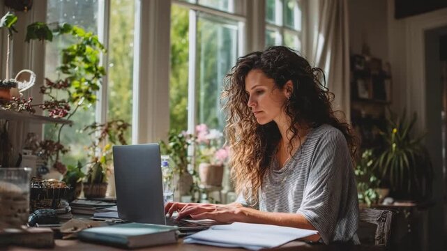 Focused accountant reviewing spreadsheets on a laptop in a cozy home office setup with natural light and houseplants.