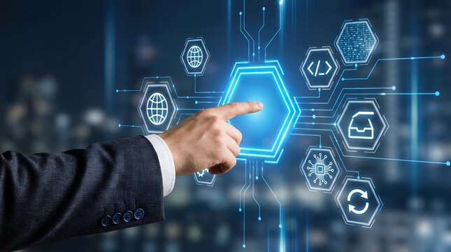 A businessman's hand interacts with a digital interface displaying glowing hexagonal icons representing data code global connectivity and processes technology connection network innovation - Powered by Adobe