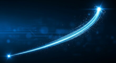 Vibrant blue streak of light trails across dark background with sparkling particles