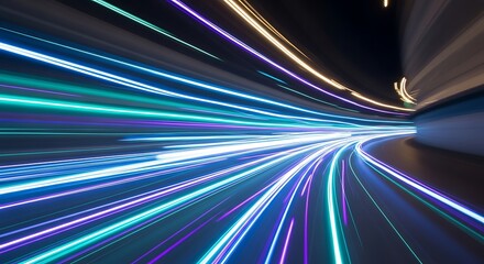 Vibrant light trails speeding through futuristic tunnel at night