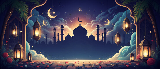 Obraz premium Enchanting Digital Illustration of a Ramadan Night with Mosque Silhouette, Crescent Moons, and Glowing Lanterns