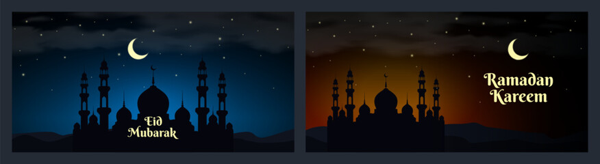 ramadan kareem eid mubarak banners design with mosque night sky background vector illustration