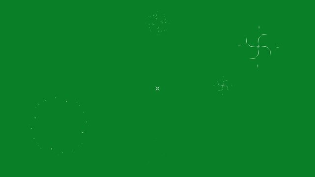 Shiny circle fireworks blast animation 4k, looping line and ring burst effects with glowing sparks, ellipse explosions, vector firework pop-up motion graphics on green screen background