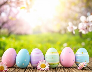 Fototapeta premium Colorful Easter Eggs on Wooden Surface with Flower Background