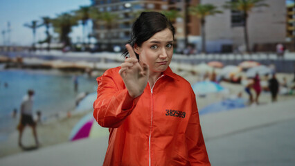 Fototapeta premium Woman in bright orange prison jumpsuit at the beach, waving with a playful expression under sunny skies.