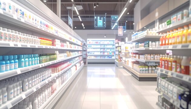 Grocery store aisle: A brightly illuminated aisle in a grocery store is filled with rows of products. Capturing the essence of a retail environment, it focuses on the neat arrangement of products