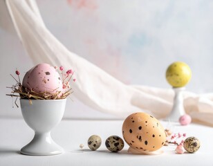 Obraz premium Colorful Easter Eggs Arranged Elegantly on a Soft Background