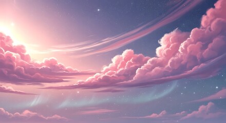 Vibrant pink clouds float under starry night sky with sunset glow