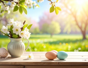 Spring Floral Arrangement with Easter Eggs in a Bright Landscape