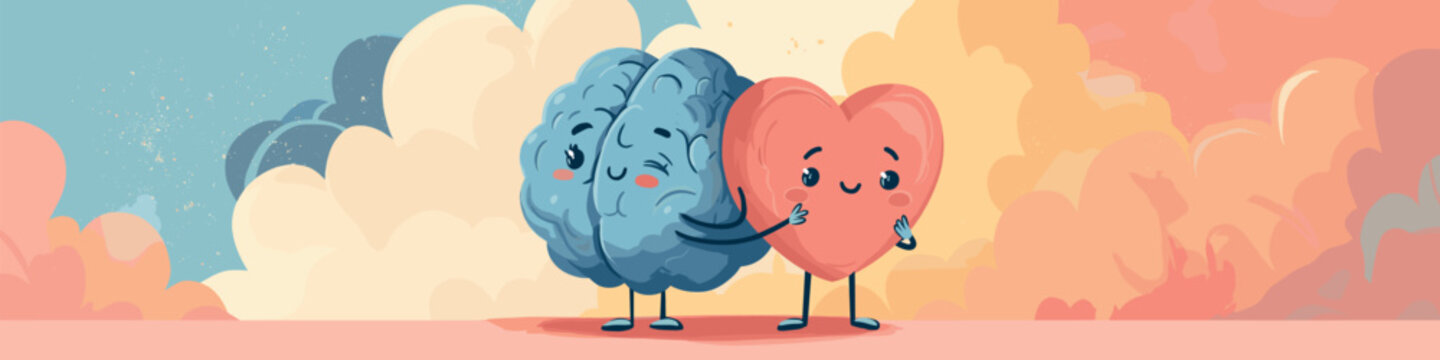 Brain and heart characters are hugging, symbolizing mental and emotional balance with care. Gentle cartoon brain and heart hugging, showing mental health