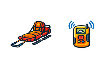 Naklejka premium Ski rescue gear and communication device seen together in winter sports preparation at a mountainside location