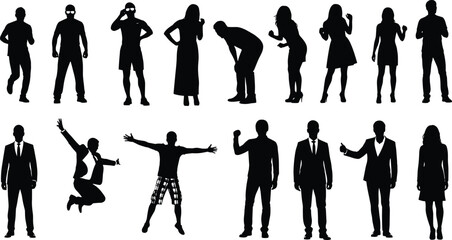 Fototapeta premium Large set of human silhouette figures in various standing and action poses, isolated on white background for lifestyle, business, movement, emotion and people concept designs