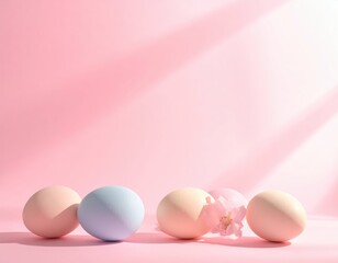 Soft Pastel Eggs with Cherry Blossom on Pink Background