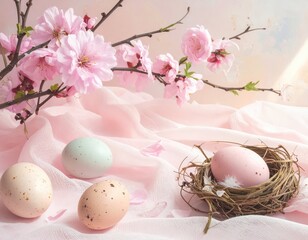 Fototapeta premium Spring Blossoms and Colorful Eggs Nestled in Soft Fabric