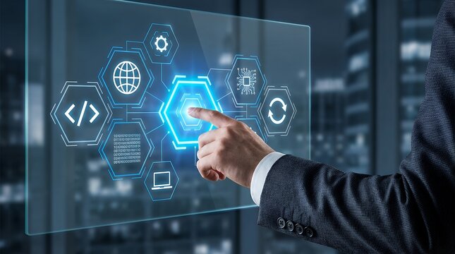 Businessman's finger interacts with glowing digital interface displaying interconnected hexagons with icons for coding global network and technology processes against a cityscape at night - Powered by Adobe