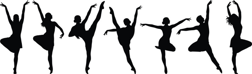 Silhouettes of ballet dancers in elegant poses showcasing pirouettes, arabesques, and leg extensions for dance, motion, and vector content © Moury Creatives