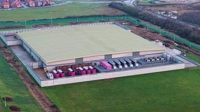 Aerial view of the Lloyds Horizon Data Centre surrounded by green fields and infrastructure, Corby, Corby, United Kingdom.