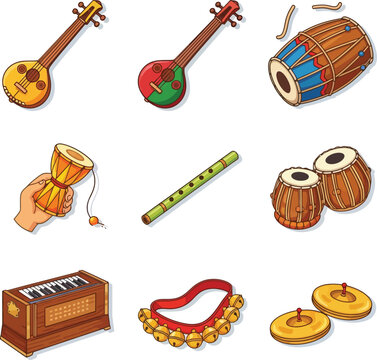 Traditional Indian and Bengali Folk Musical Instruments - Classical Music Icon Set