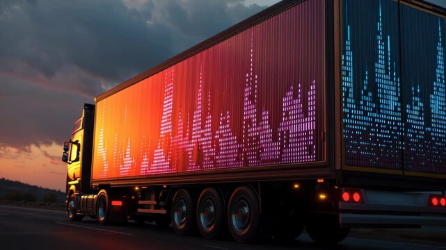 Tractor trailer with vibrant, pulsing LED display on its side driving at dusk