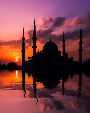 Beautiful mosque silhouette reflecting in calm water at sunset with purple and orange sky during ramadan