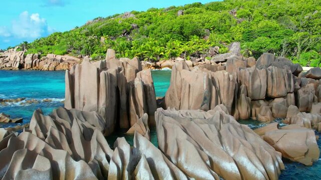 Seychelles La Digue island  Grand Anse beach and rocky coast, aerial view