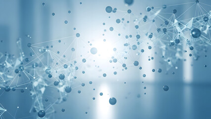 Abstract representation of interconnected particles and data network on a light blue background