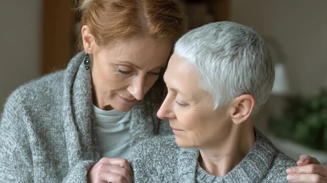 Medium shot of a caregiver comforting a dependent adult in a cozy home environment highlighting assigned guardianship care.