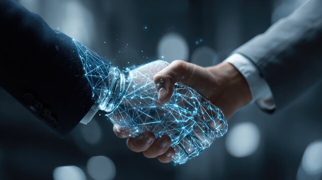 Digital handshake futuristic concept of collaboration and connection