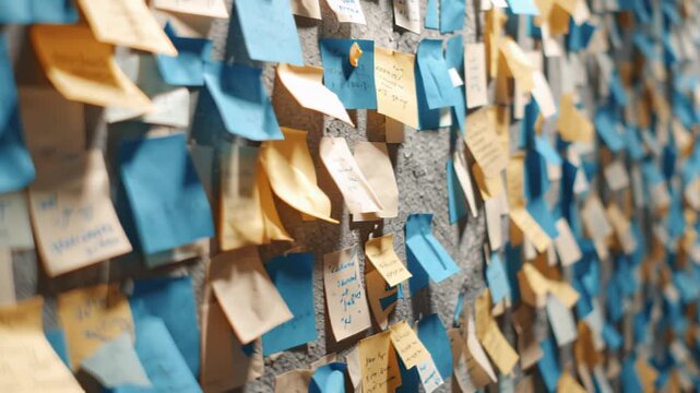 Many blue and yellow notes with writing cover a textured wall
