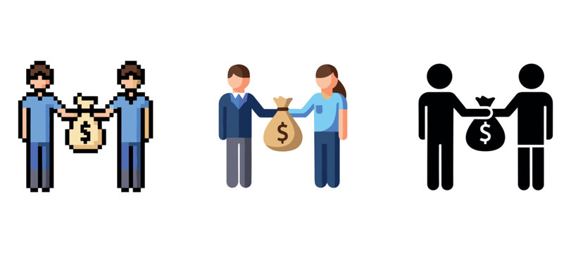 Pixelated and simplified people exchanging money bags